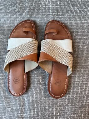 Johnston & Murphy Women’s Size 7 Leather Toe Loop Sandals Brown Cream Woven Flat